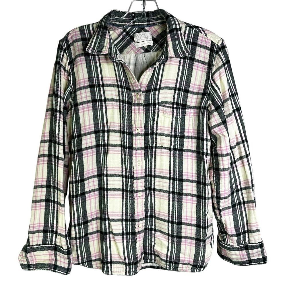 J.CREW Classic Flannel Shirt Womens Sz S Pink Cream Plaid Button Up Long Sleeves